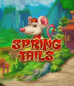 A charming illustration of a white rat wearing a red traditional Chinese outfit standing in a vibrant landscape with mountains. The image promotes the Spring Tails Slot by Betsoft, highlighted with striking red and gold logo lettering.