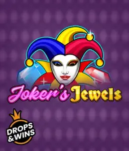 Enjoy the playful ambiance of Joker's Jewels slot by Pragmatic Play, showcasing a charming joker's mask adorned with a multicolored jester hat. This image captures the joyful spirit of casino gaming, set against a purple background. Ideal for those who love classic slot games, offering a delightful adventure. 